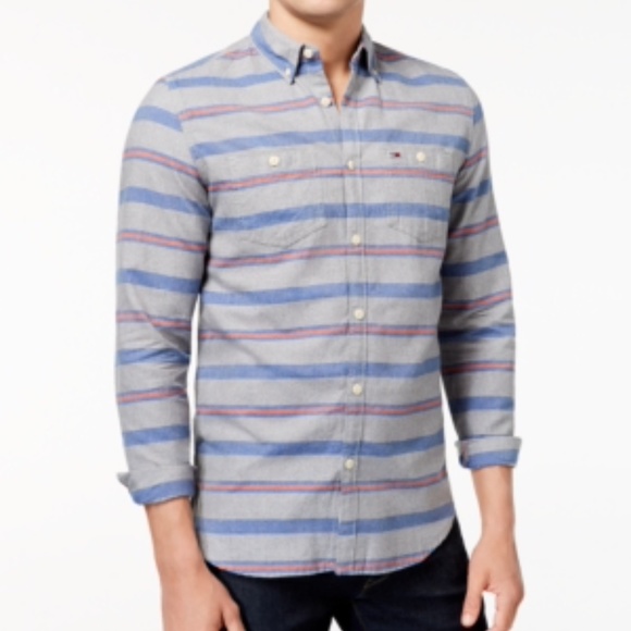 NEW Men's Tommy Hilfiger Striped button down  long sleeve Shirt Grey Blu… - Picture 1 of 13